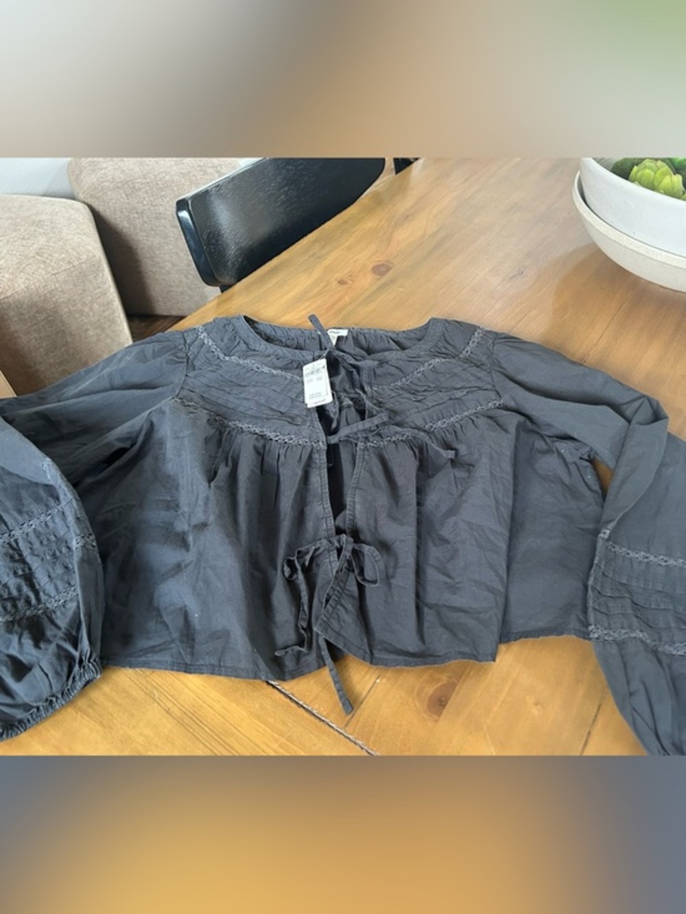 NWT Aerie Black Peasant Tie-Front Blouse - Picture 1 of 9